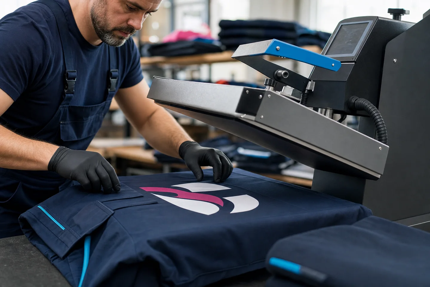 Veredelung hochwertiger Workwear mit einer Transferpresse